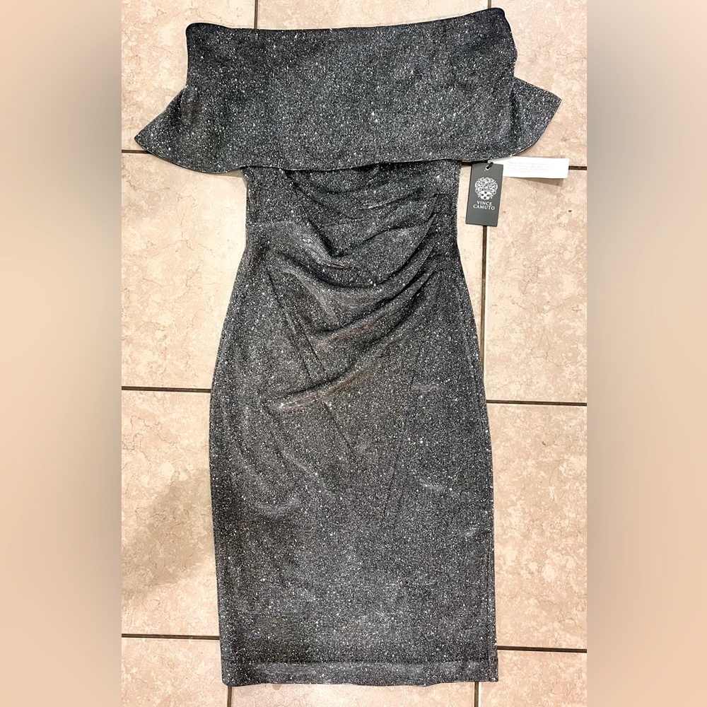 VINCE CAMUTO NWT- Shimmer off shoulder cocktail dress 🩶🩶🩶 - Picture 2 of 9